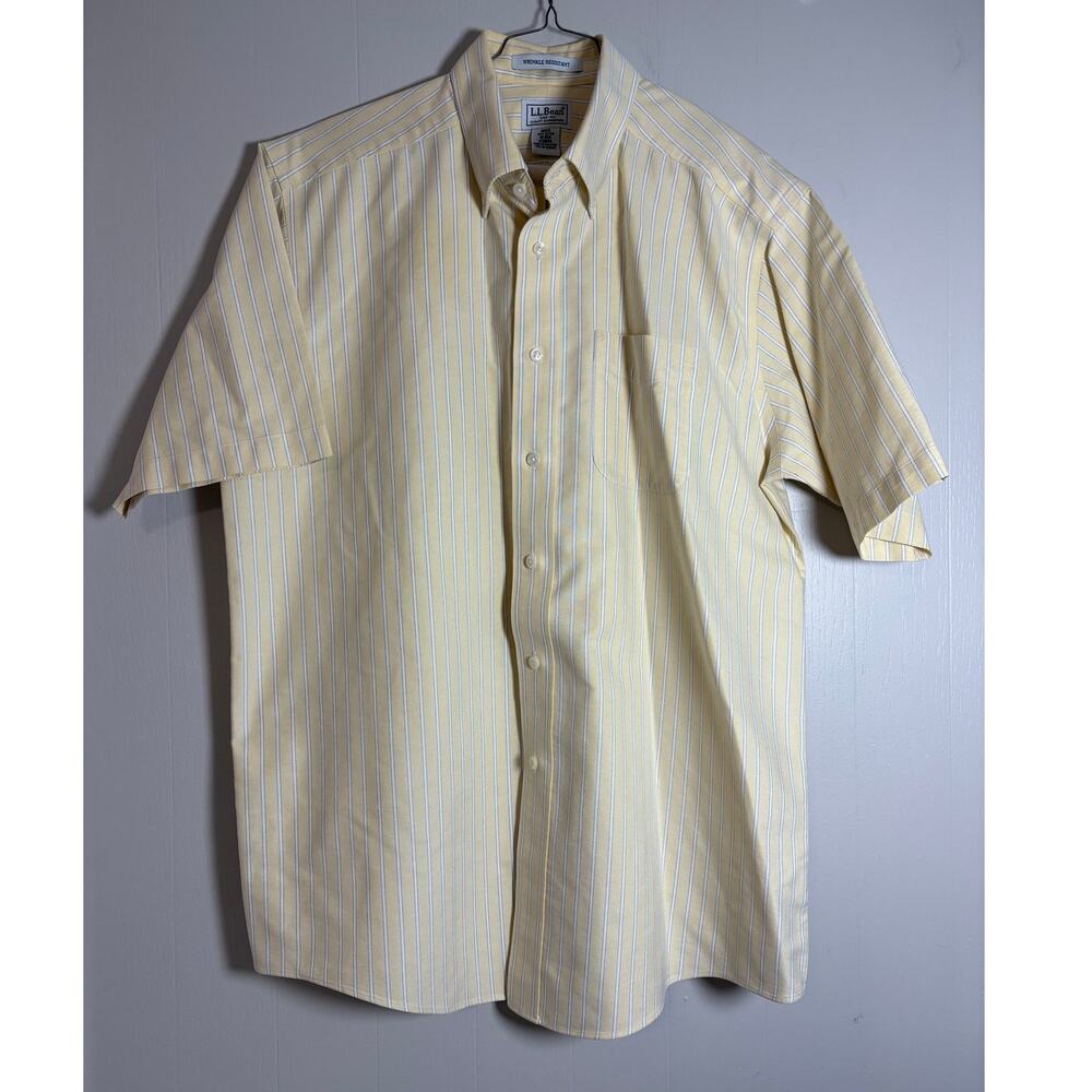 L.L. Bean 16 Yellow with White Stripe Short Sleeve Button Up Oxford Cloth Shirt